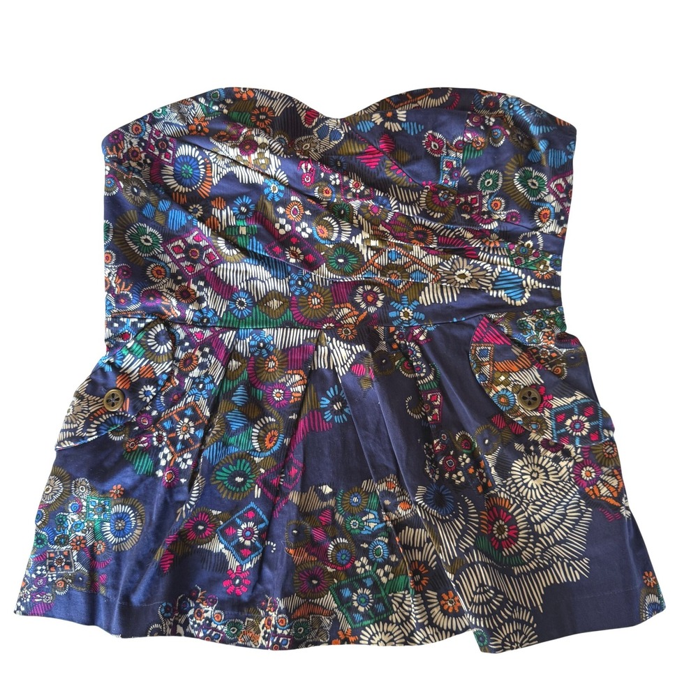 Anthropologie Fei Strapless Peplum Top Navy Multi Geometric Medallion Print 10